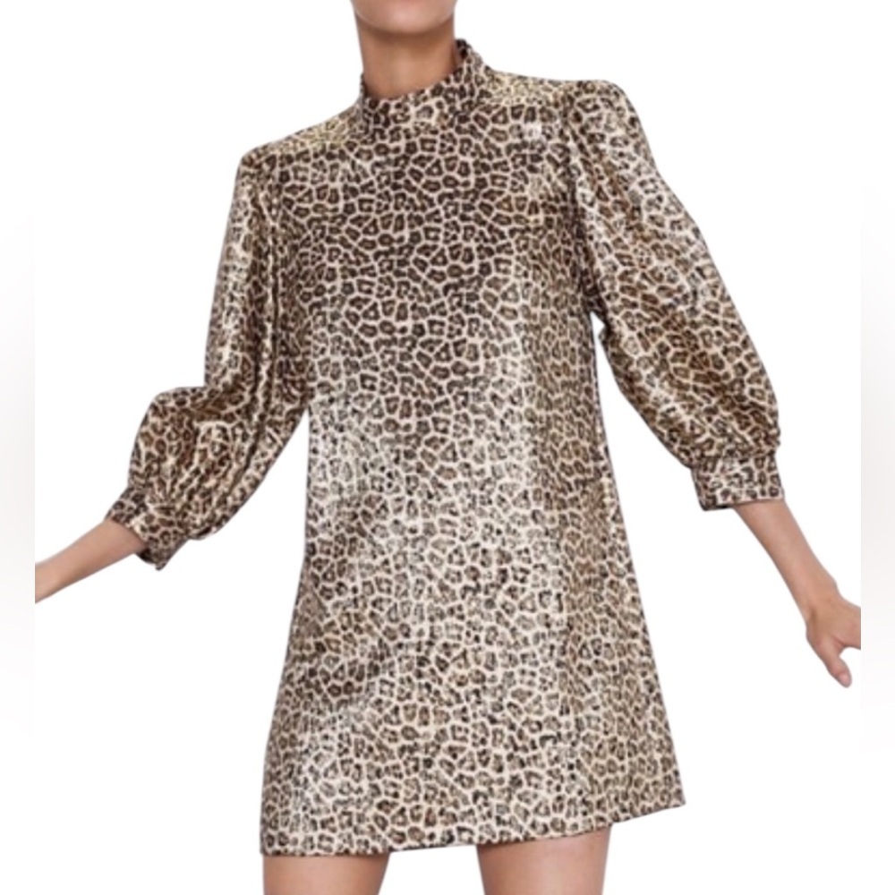Zara Boohoo Tan Brown, Black Leopard Metallic Puff Sleeve Dress Sz XXL K-7